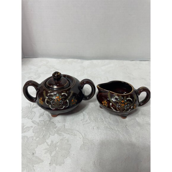 Brown Betty Cream & Sugar Handpainted Made in Japan Moriage Vintage Red Clay - Picture 8 of 9